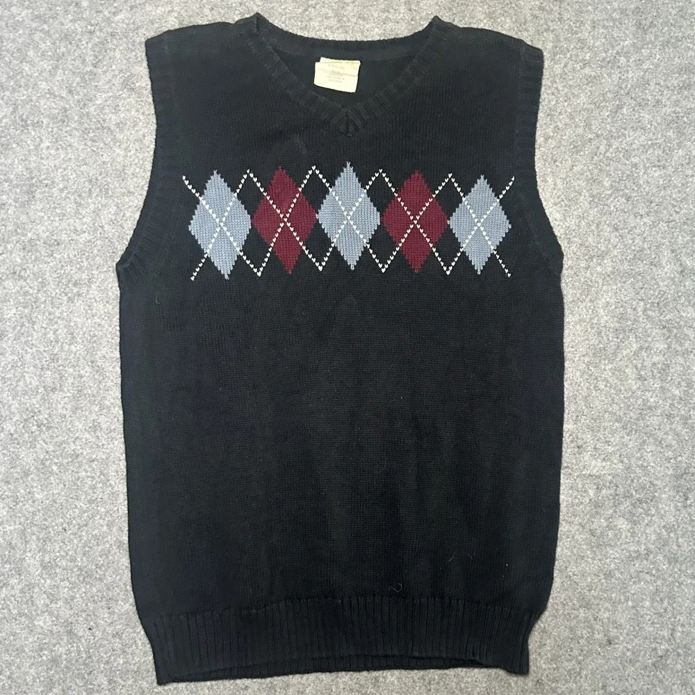 Old Navy Argyle Knit Sweater Vest Large 10-12 Navy Blue Cotton Preppy Boys